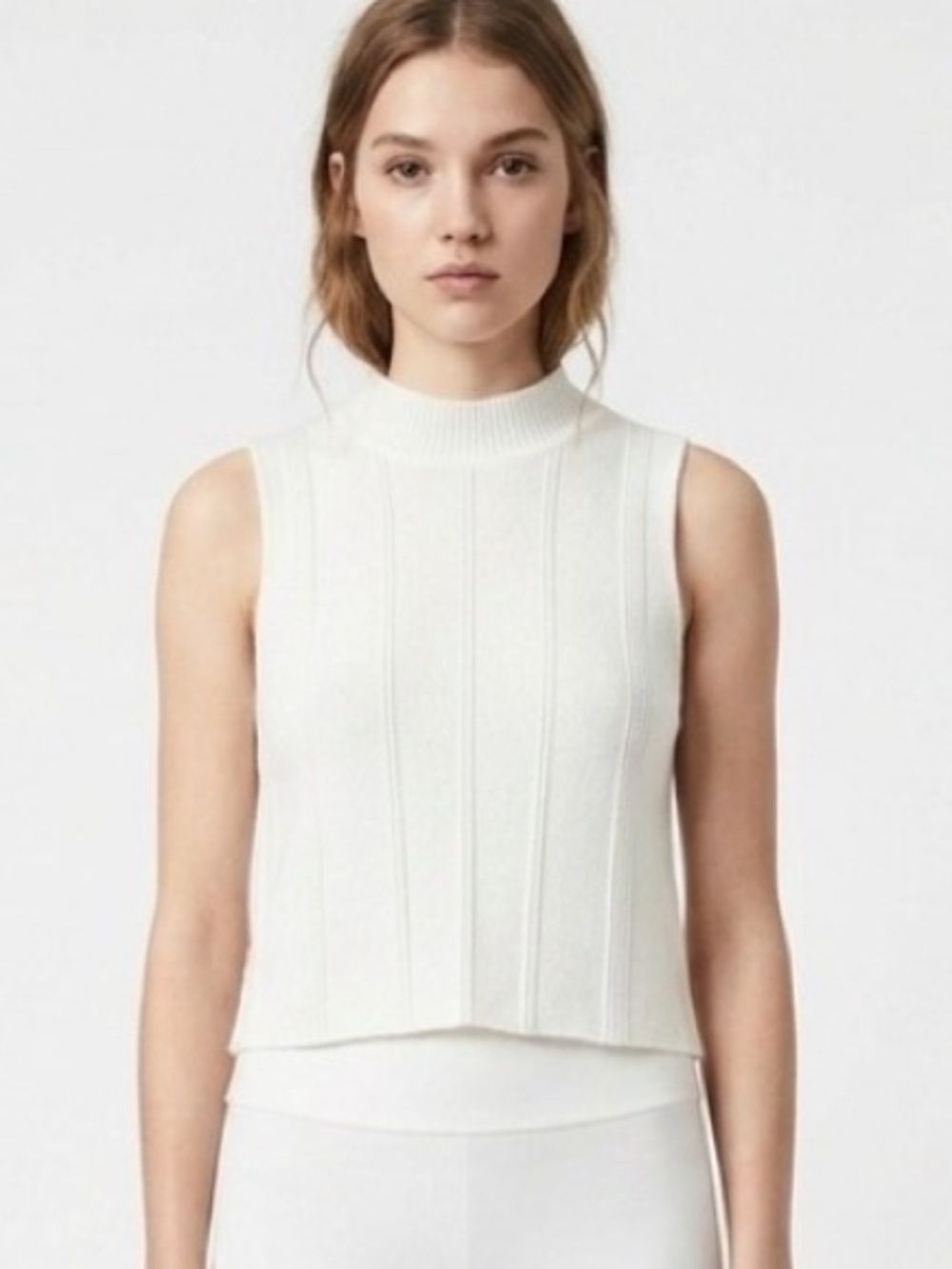all:row Mock Neck Sleeveless Knit Top Ribbed Cropped White Size S